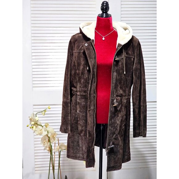 Covington Women's Brown Suede Leather Coat Faux Shearling Hood Size L 2203 - Picture 3 of 13